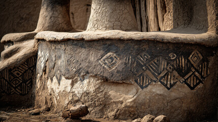 Intricate mud brick patterns adorn traditional African village architecture. View of weathered mud structures featuring geometric designs and symbolic carvings, showcasing ancient craftsmanship