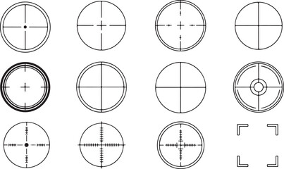 Rifle scope reticle collection with various crosshair designs for hunting precision targeting aim optical sight and focus frames