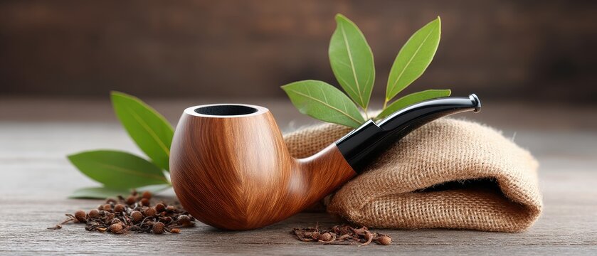 Classic wooden pipe with black bowl resting on sackcloth alongside loose oakum and tobacco leaves on burlap background