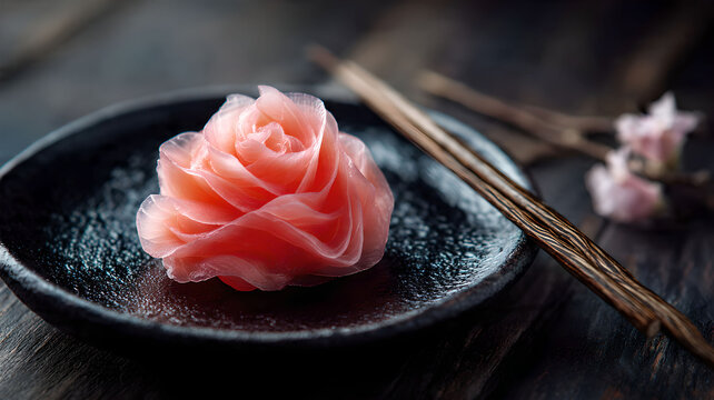 Pickled Ginger Flower on Black Plate