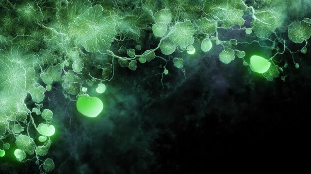 Bioluminescent green leaf network spreading across dark misty background abstract macro 60 FPS