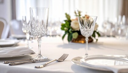 Elegant crystal glassware and silver cutlery set on a formal dining table with floral centerpiece