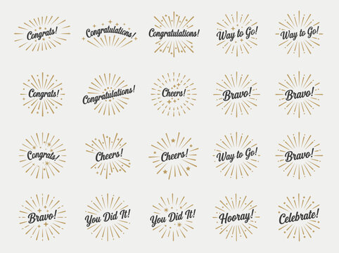 Celebration Badge Text Icon Set &ndash; Congrats Cheers Yay Quote Burst Collection Vector