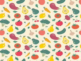 Colorful Vegetable Seamless Pattern with Tomato Eggplant Broccoli Cucumber and Fresh Organic Food Illustration