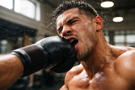 Boxer receiving punch during intense training session in gym