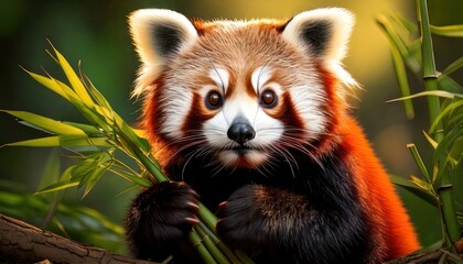 Obraz premium Adorable Red Panda Enjoying Bamboo in Lush Greenery.