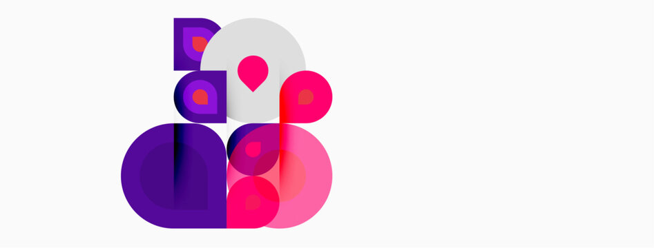Abstract shapes, pinks, purples dominate composition. Overlapping circles, squares create dynamic visual interest. Minimalist design.
