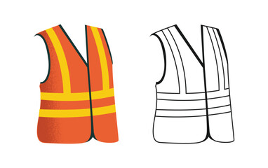 Safety Vest Graphics Set. High Visibility Reflective PPE Clothing in Colored Flat Style and Line Art Outline