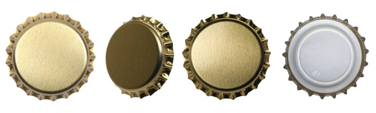 A collection of shiny golden beer bottle caps, photographed from various angles.