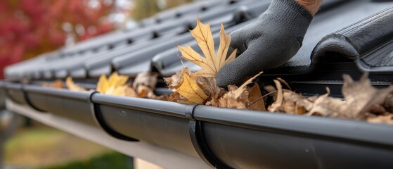 Worker cleans downspout and fixes roof while handling dry leaves and tiles in outdoor setting during daytime