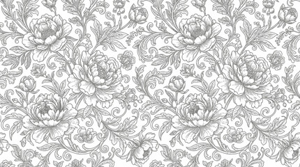 Obraz premium Detailed floral pattern featuring intricate roses and foliage on a light background