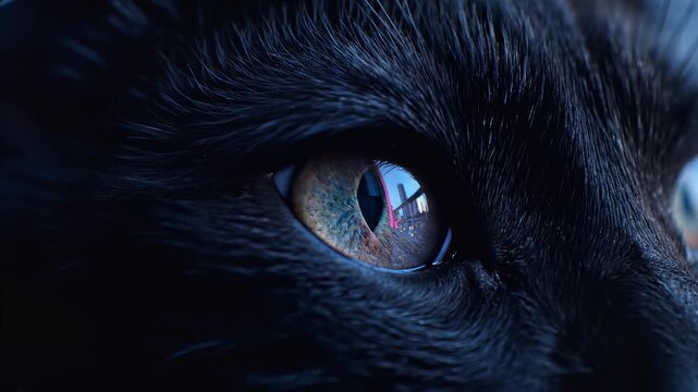 Mysterious Gaze: A close-up shot of a sleek black cat's eye, capturing a sense of intrigue and mystery. The feline's eye reflects hints of light, adding depth and drawing the viewer in.