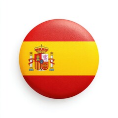 Obraz premium Round button shows Spanish flag with royal coat of arms against white