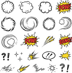 comic explosion effects set with boom pow bang bursts smoke clouds lightning and pop art symbols cartoon vector illustration collection on transparent background © Yurii