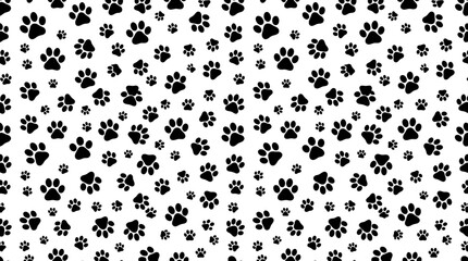 Repeating pattern of black paw prints on a white background, suitable for fabric or wallpaper design © Kebo