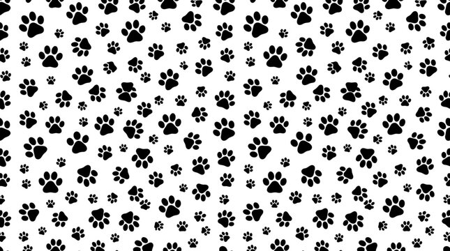 Repeating pattern of black paw prints on a white background, suitable for fabric or wallpaper design