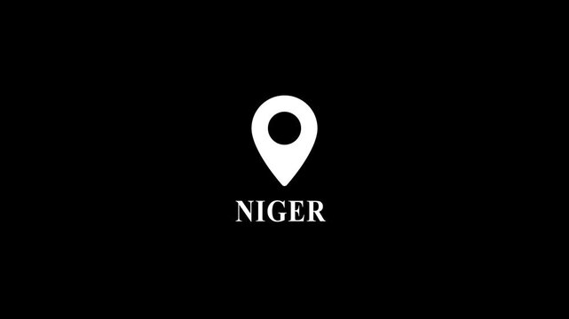Niger country location map pin animation on black background, africa african nation
