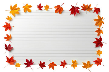 Obraz premium Autumn maple leaves forming a vibrant border around a blank lined paper, creating an empty fall concept on a transparent background
