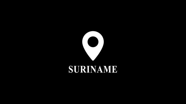Suriname map pin animation on black background, minimalist location marker for travel and geography projects
