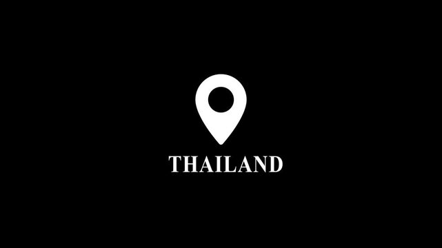 Thailand location pin animation on black background, travel destination map marker