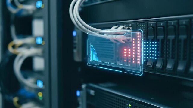Data center energy consumption monitoring ai control panel glow near server rack cable connection modern network room technology focus with optimize interface server panel touch screen hologram