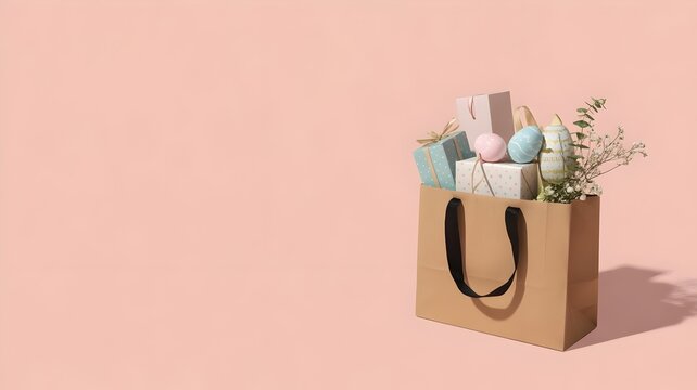 Brown paper shopping bag filled with Easter gifts, painted eggs and eucalyptus branches