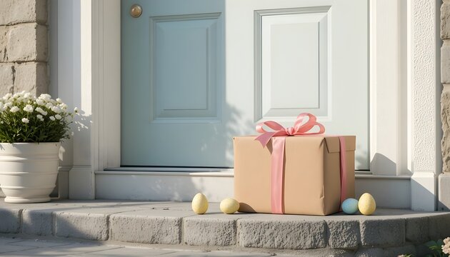 Surprise easter gift box and eggs on doorstep of a house