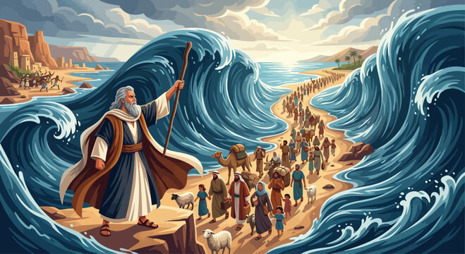 Moses leads people across Red Sea with waves crashing Environment Desert Landscape