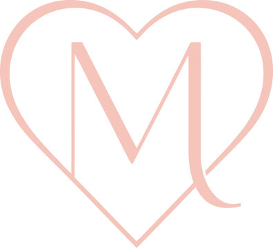 Elegant letter M initial is centered inside a thin heart outline.