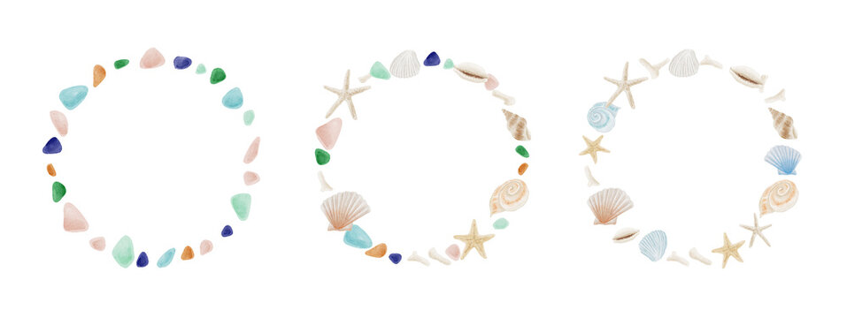 Watercolor sea glass and seashell summer wreath frames-300dpi-