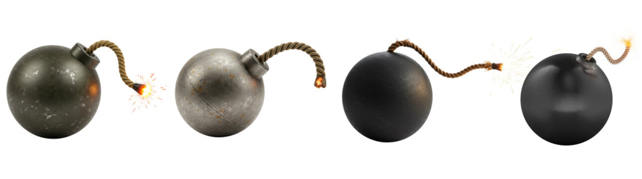 Realistic 3D renders of vintage bombs with fuses, isolated on transparent, for danger.
