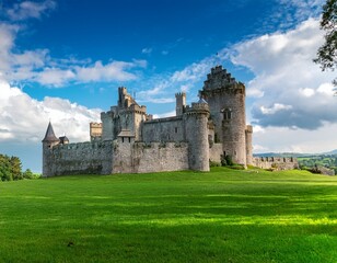 a medieval castle surrounded by a green field on a cloudy day with blue sky and white clouds