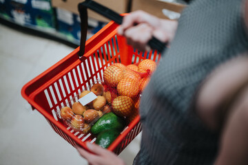 Obraz premium A woman holds a red shopping basket filled with oranges, avocados and packaged apricots. She shops for fresh fruit in a supermarket aisle, viewed from above.