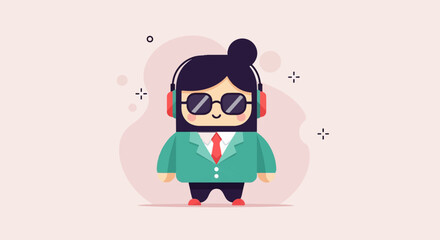 Fototapeta premium Cute character with headphones and sunglasses on a pastel background