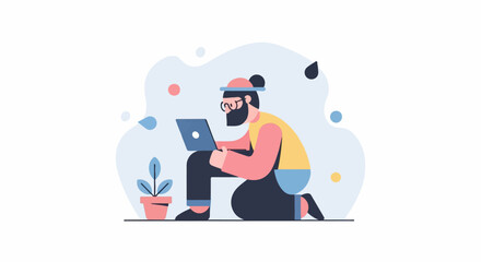 Fototapeta premium Bearded person in pink and yellow shirt kneeling with laptop, potted plant nearby