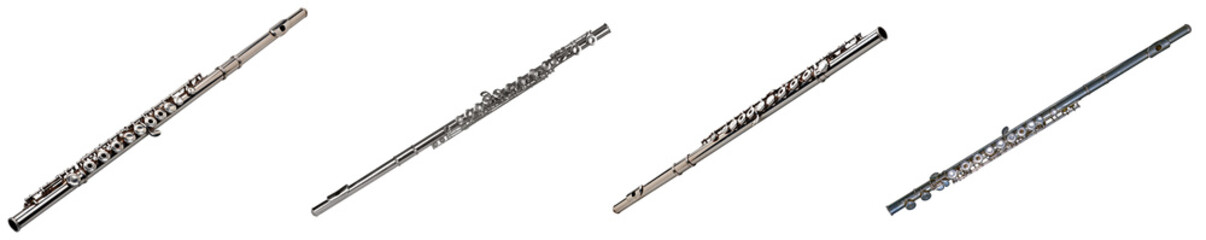 Four distinct photographs of elegant silver flutes, classic orchestral woodwind instruments. © IndustryPNG