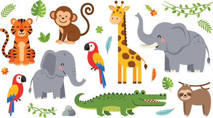 Fototapeta premium Cute Jungle Safari Animals Cartoon Vector Collection Featuring Tiger, Monkey, Giraffe, Elephant, Crocodile, Sloth and Parrot with Tropical Leaves and Nature Elements.