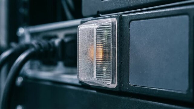 Data center energy consumption monitoring ai control panel alert light closeup with cable connection subtle warning indicator light glow macro detail focus technology hardware rack server for precise
