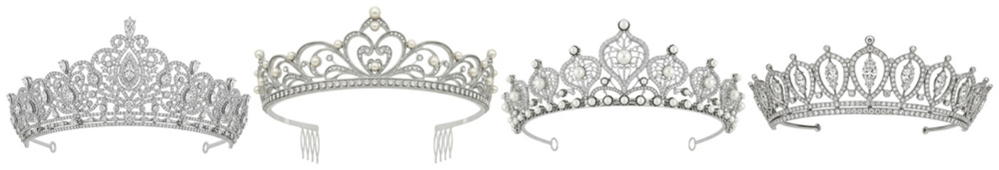 Beautiful silver crowns and tiaras adorned with sparkling diamonds and elegant pearls. © IndustryPNG