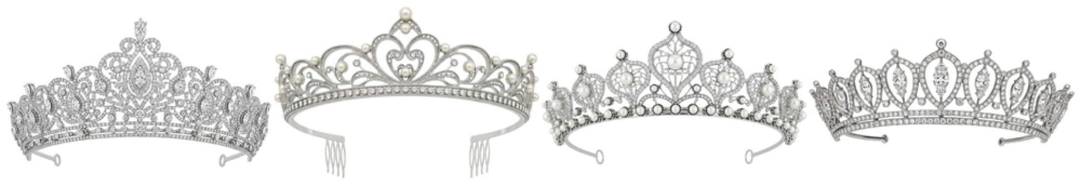 Beautiful silver crowns and tiaras adorned with sparkling diamonds and elegant pearls.