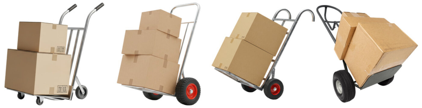 Various hand trucks and moving dollies, each loaded with multiple brown cardboard boxes.