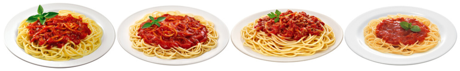 A delicious photograph of four individual servings of spaghetti with rich tomato sauce and fresh...