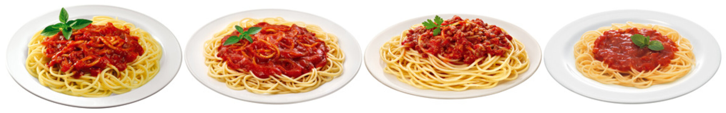 A delicious photograph of four individual servings of spaghetti with rich tomato sauce and fresh basil.