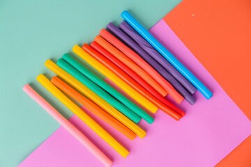 Fototapeta premium Colorful plasticine sticks on colored paper flat lay creative craft banner with copy space