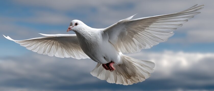 Dove flies freely in blue sky with clouds, showing hope and a connection to the spirit in a display of flight captured with precise detail
