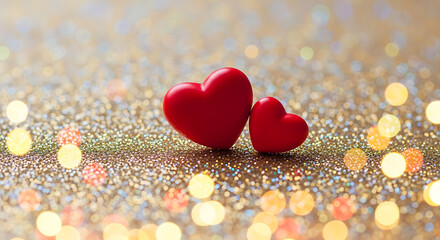 Fototapeta premium Two vibrant red hearts rest on a glittering gold surface on transparent background