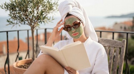 Young woman in bathrobe and green face mask reading a book on a balcony with sea view, relaxing morning for wellness and skincare during vacation