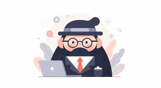 Character in suit with hat and glasses sits at laptop