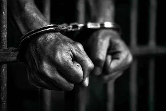 Hands are cuffed and gripping dark prison bars, symbolizing crime and punishment in a stark black and white setting