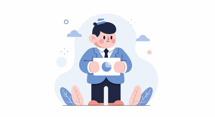 Obraz premium Cheerful cartoon person in suit holding chart